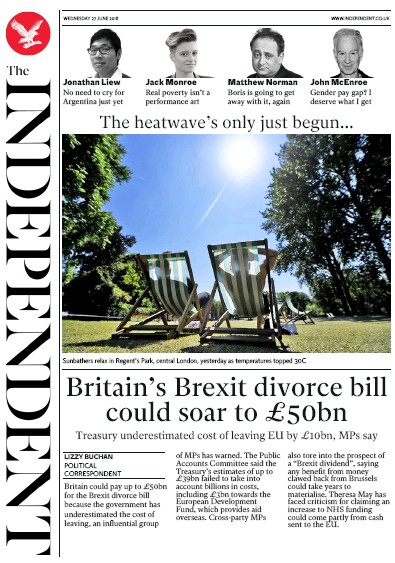 The Independent Newspaper Front Page (UK) for 27 June 2018