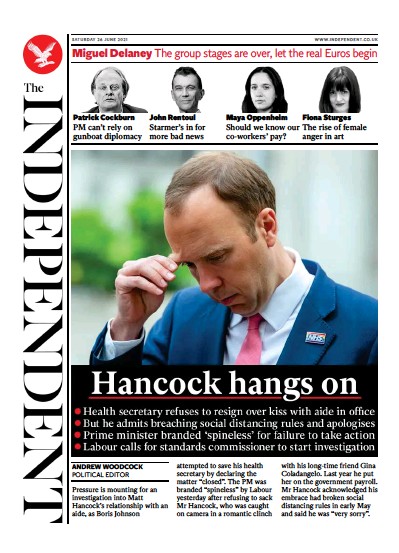 The Independent Newspaper Front Page (UK) for 27 June 2021