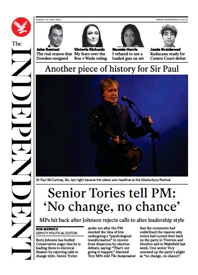 The Independent Newspaper Front Page (UK) for 27 June 2022