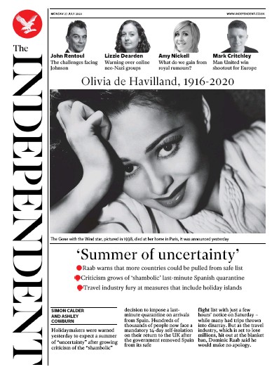 The Independent Newspaper Front Page (UK) for 27 July 2020