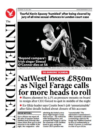 The Independent Newspaper Front Page (UK) for 27 July 2023