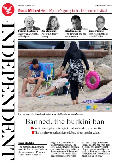 The Independent Newspaper Front Page (UK) for 27 August 2016