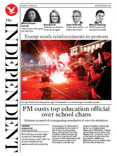 The Independent Newspaper Front Page (UK) for 27 August 2020
