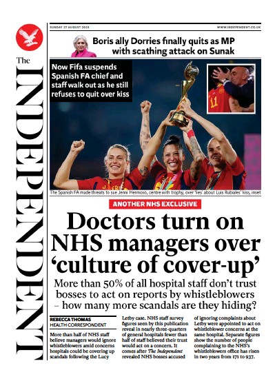 The Independent Newspaper Front Page (UK) for 27 August 2023
