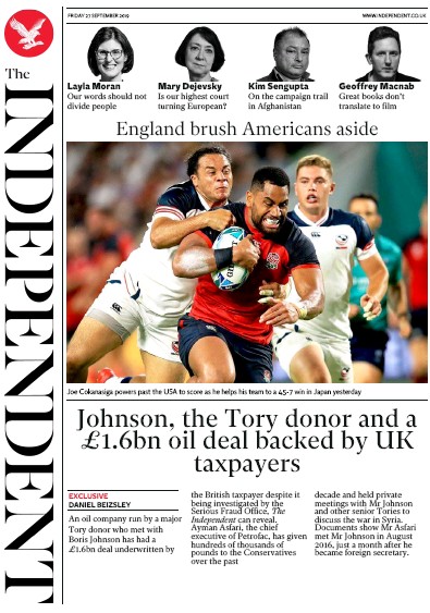 The Independent Newspaper Front Page (UK) for 27 September 2019