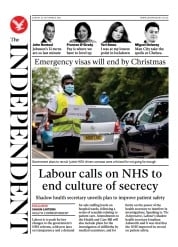The Independent (UK) Newspaper Front Page for 27 September 2021