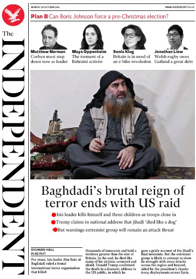 The Independent Newspaper Front Page (UK) for 28 October 2019