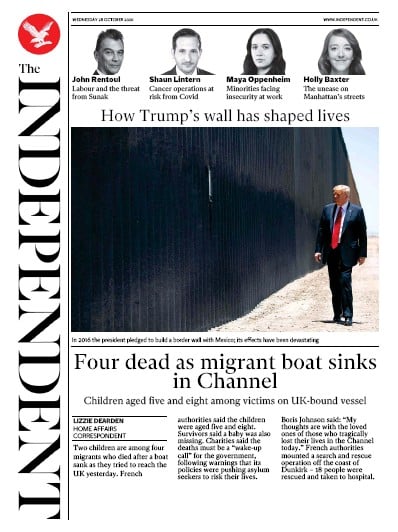The Independent Newspaper Front Page (UK) for 28 October 2020