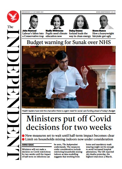 The Independent Newspaper Front Page (UK) for 28 October 2021