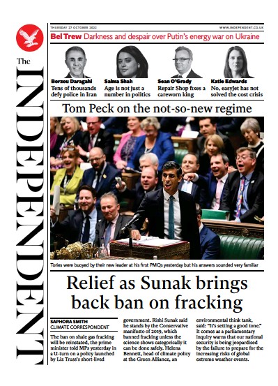 The Independent Newspaper Front Page (UK) for 28 October 2022