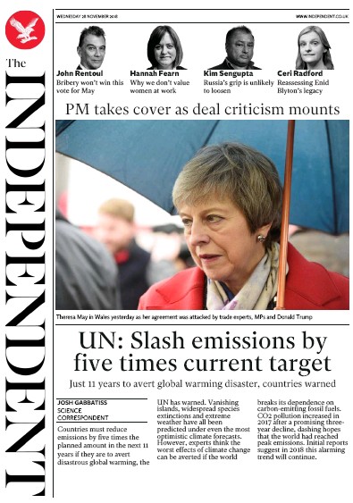 The Independent Newspaper Front Page (UK) for 28 November 2018