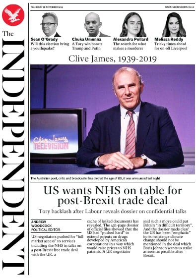 The Independent Newspaper Front Page (UK) for 28 November 2019