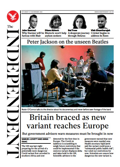 The Independent Newspaper Front Page (UK) for 28 November 2021