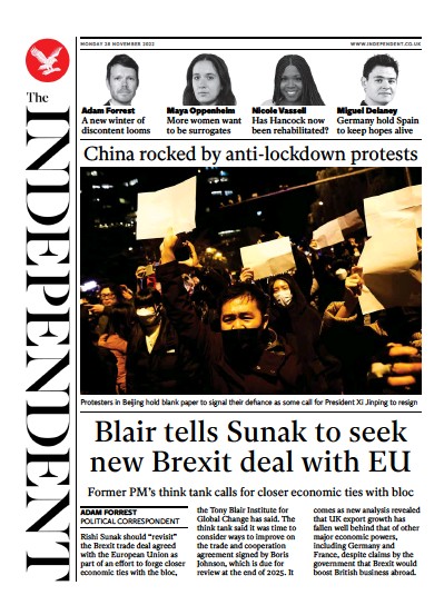 The Independent Newspaper Front Page (UK) for 28 November 2022