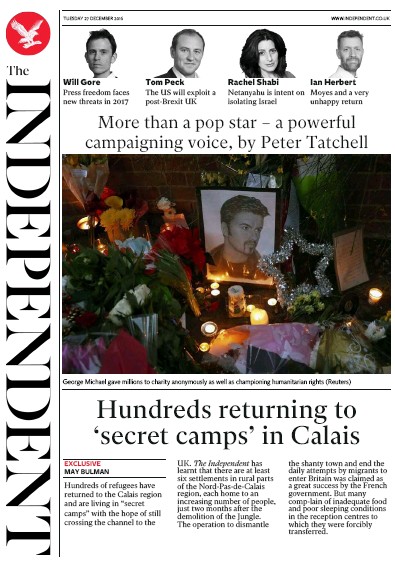 The Independent Newspaper Front Page (UK) for 28 December 2016