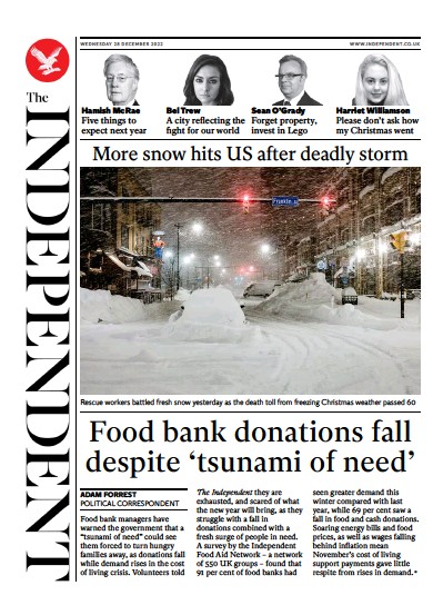 The Independent Newspaper Front Page (UK) for 28 December 2022