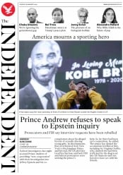 The Independent (UK) Newspaper Front Page for 28 January 2020