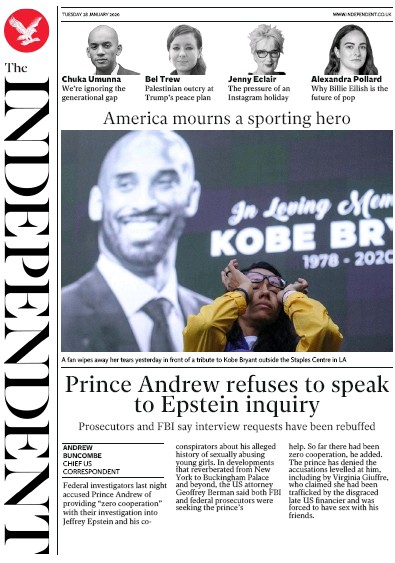 The Independent Newspaper Front Page (UK) for 28 January 2020