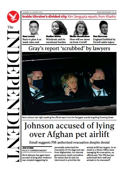 The Independent Newspaper Front Page (UK) for 28 January 2022