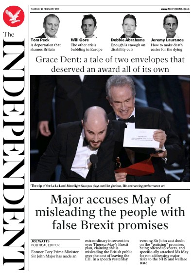 The Independent Newspaper Front Page (UK) for 28 February 2017