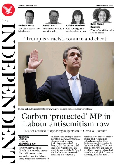 The Independent Newspaper Front Page (UK) for 28 February 2019