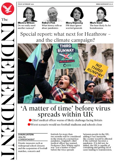 The Independent Newspaper Front Page (UK) for 28 February 2020
