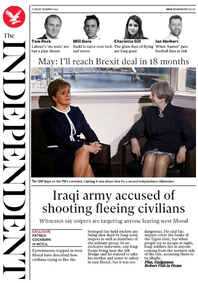 The Independent Newspaper Front Page (UK) for 28 March 2017