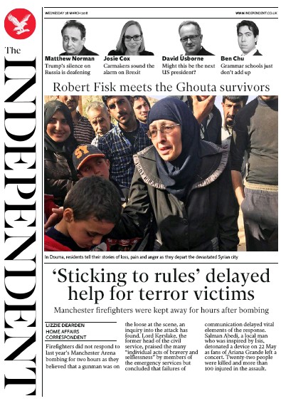 The Independent Newspaper Front Page (UK) for 28 March 2018