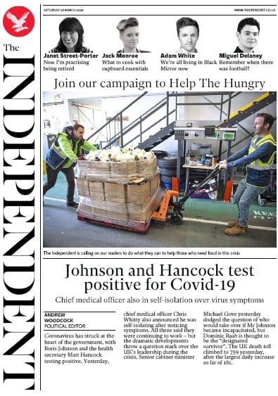 The Independent Newspaper Front Page (UK) for 28 March 2020