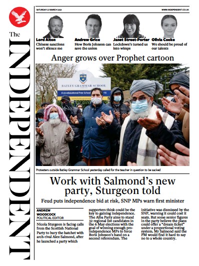 The Independent Newspaper Front Page (UK) for 28 March 2021