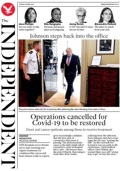 The Independent Newspaper Front Page (UK) for 28 April 2020