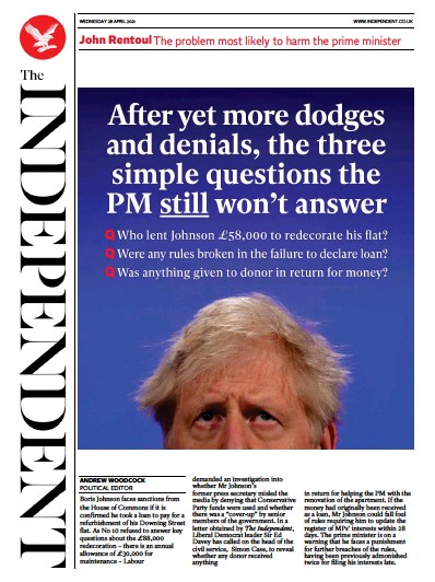 The Independent Newspaper Front Page (UK) for 28 April 2021