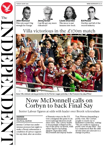 The Independent Newspaper Front Page (UK) for 28 May 2019