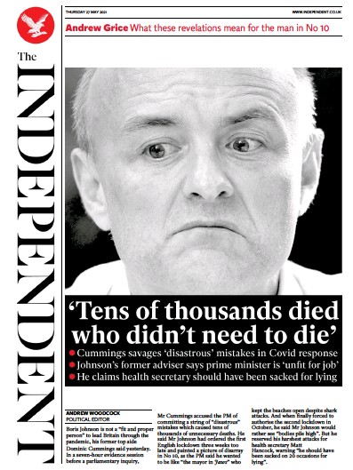The Independent Newspaper Front Page (UK) for 28 May 2021
