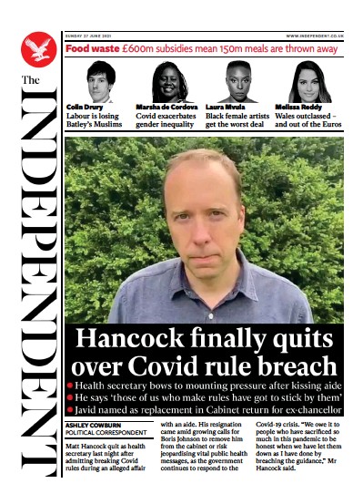 The Independent Newspaper Front Page (UK) for 28 June 2021