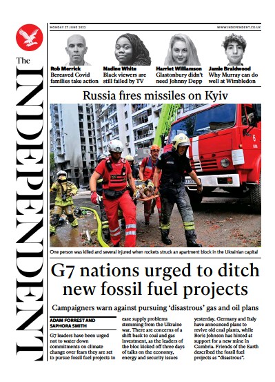 The Independent Newspaper Front Page (UK) for 28 June 2022