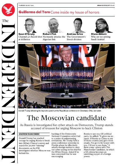 The Independent Newspaper Front Page (UK) for 28 July 2016