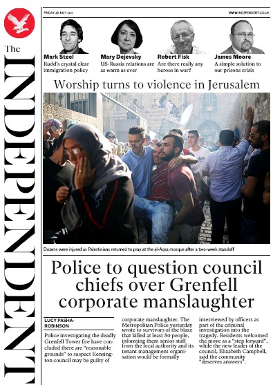 The Independent Newspaper Front Page (UK) for 28 July 2017