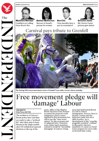 The Independent Newspaper Front Page (UK) for 28 August 2017