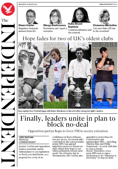 The Independent Newspaper Front Page (UK) for 28 August 2019