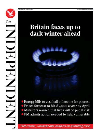 The Independent Newspaper Front Page (UK) for 28 August 2022