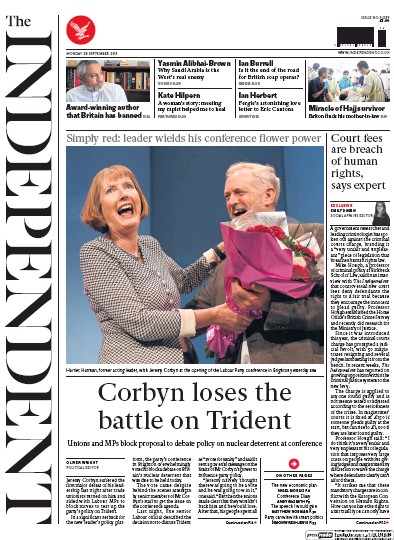 The Independent Newspaper Front Page (UK) for 28 September 2015