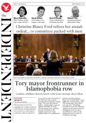The Independent (UK) Newspaper Front Page for 28 September 2018