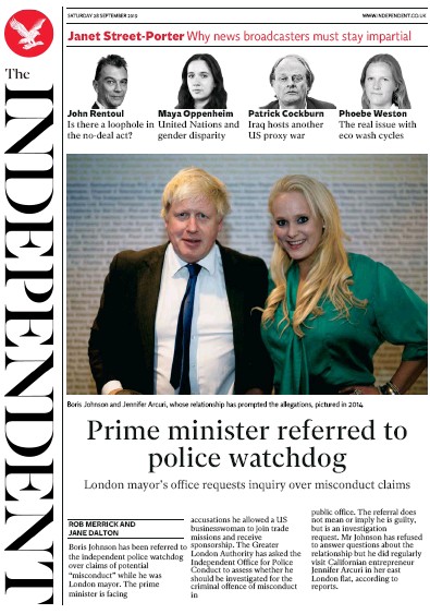 The Independent Newspaper Front Page (UK) for 28 September 2019