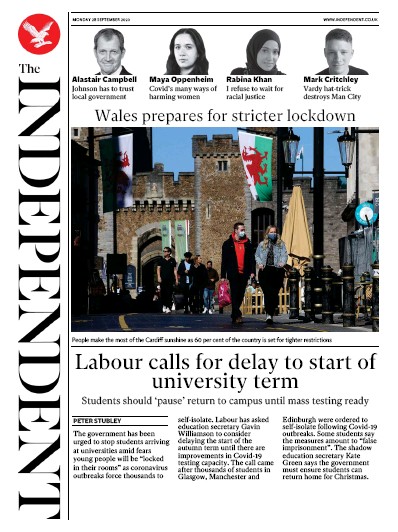 The Independent Newspaper Front Page (UK) for 28 September 2020