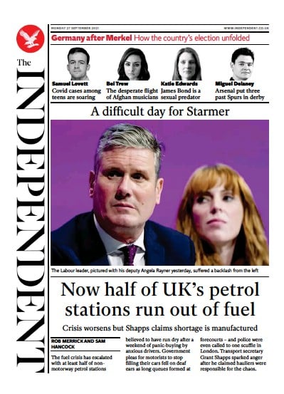 The Independent Newspaper Front Page (UK) for 28 September 2021