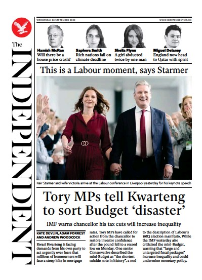 The Independent Newspaper Front Page (UK) for 28 September 2022