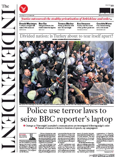 The Independent Newspaper Front Page (UK) for 29 October 2015