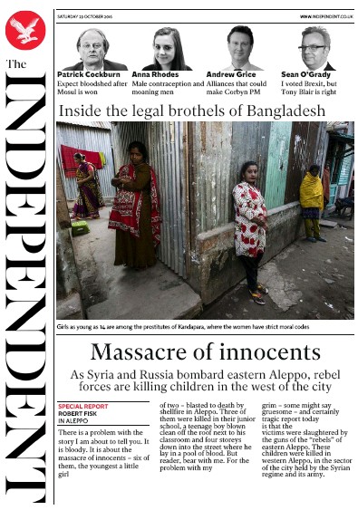 The Independent Newspaper Front Page (UK) for 29 October 2016