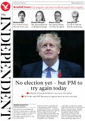 The Independent (UK) Newspaper Front Page for 29 October 2019